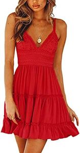 ECOWISH Summer Dresses for Women 2025 V-Neck Spaghetti Strap Bowknot Backless Sleeveless Lace Mini Swing Skater Dress Red Medium