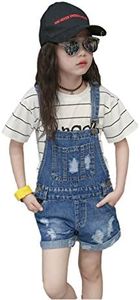 KIDSCOOL SPACE Little Girl Jean Overalls,Big Ripped Denim Shortalls,Blue,12-13 Years