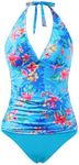 Holipick Two Piece Tankini Swimsuits for Women Tummy Control Bathing Suits Sexy V Neck Halter Tankini Top with Bikini Bottom, Blue With Pink Floral, Large