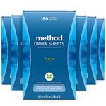Method Dryer Sheets, Fabric Softener and Static Reducer, Compostable and Plant-Based Laundry Essentials, Fresh Air Scent, 80 Sheets per Box, 6 Pack (480 Total Sheets), Packaging May Vary