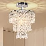 Mini Size Crystal Chandelier Modern Flush Mount Ceiling Light 3 Tiers Raindrops Crystal Pendant Lighting Fixture Decoration for Bedroom Kid's Room Hallway Living Room,E26 Base,Chrome