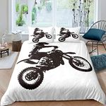 Homewish Teens Dirt Bike Bedding Set Motorbike Sport Duvet Cover Double Size Motocross Rider Comforter Cover For Kids Boys Adult Bedroom Motorcycle Extreme Sport Quilt Cover Black White