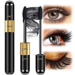 Mascara Black Waterproof, 2 in 1 False Lash Effect Mascara 5x Longer Thick Curling,Smudge Proof Long Lasting 4D Silk Fiber Mascara for Makeup