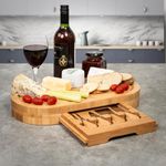 Large Wooden Oval Cheese Board Set With Groove and With Integrated Drawer & 4 Cheese Knives, 41 x 20 x 5cm