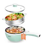 Dezin Hot Pot Electric Upgraded, Non-Stick Sauté Pan, Rapid Noodles Electric Pot, 1.5L Mini Portable Hot Pot for Steak, Egg, Fried Rice, Ramen, Soup with Power Adjustment (C(Green/with Steamer))