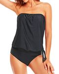 Holipick Bandeau Blouson Tankini Swimsuits for Women Two Piece Bathing Suits Swim Top with Shorts Modest Loose Fit Swimwear, Black, Medium