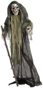 Haunted Hill Farm Life-Size Scary Skeleton Reaper Holding Staff, Halloween Animatronic with Touch Activated Lights and Sound, Battery Operated Indoor or Covered Outdoor Halloween Decorations for Home