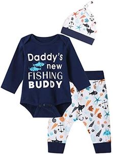 Auggle 3PCS Baby Boys' Daddy's New Fishing Buddy Outfit Set Long Sleeve Bodysuit (Blue01, 12-18 Months)