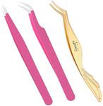 SIVOTE Lash Tweezers & Applicator Tool Set, 2-Pack Precision Tweezers (Straight & Curved Tip, Pink) with Gold Eyelash Applicator Tool for Lash Extensions & False Lash Application