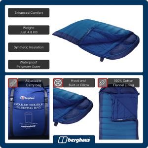 Berghaus Double Sleeping Bag with Built-in Pillow – Waterproof, 2-3 Season, Blue