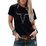 VILOVE Cowgirl Shirts for Women Boho Cow Skull Shirt Vintage Western Rodeo Graphic Tee Short Sleeve Bull Skull Top Black