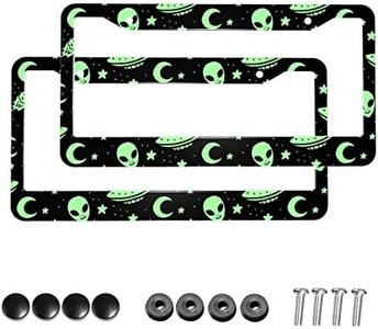 Green Alien Moon UFO License Plate Frames with Screw Caps,2 Pack 2 Holes Aluminum License Plate Cover Holders for Front and Rear Car Tags.