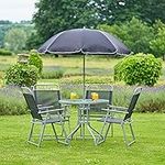 SA Products 4-Seat Garden Bistro Furniture Set - Four Steel & Textilene Chairs - Tempered Glass Round Table with Parasol Umbrella for Al Fresco or Outdoor Dining - For Patio, Backyard, Poolside, Lawn