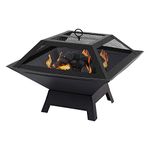 Parkland Square Fire Pit with BBQ Grill Heater Outdoor Garden Black Barbeque Metal Brazier Patio Decor Firepit Stove Portable Heat Mesh Cover for Camping or Picnics