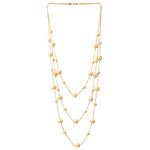 Gold White Statement Necklace Three-Strand Long Chains with Champagne Gold Pearl Beads, Elegant, Dress