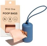 Wild One Dog Poop Bag Holder and Dispenser with Leash Attachment, Leak Proof, Easy Twist Top for Refills, Includes 1 Box Poop Bags, Navy