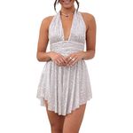 Owegvia Women Shiny Sequins Short Mini Dress Summer Spaghetti Strap Backless A-Line Shimmer Bodycon Mini Party Dress (A- Sliver, L)