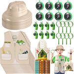 48 Pieces Kids Explorer Costume Toy Set Include 8 Kids Safari Vest 8 Plastic Hats 8 Tote Bag 8 Compass, Whistle, Magnifying Glass for Kids Outdoor Activities Jungle Halloween Birthday Party Supplies