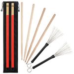 5A Drumsticks, 2 Pairs Classic Maple Drum Stick Sets With Retractable Wire Drum Brush and Professional Bundle Drum Stick Dowel Drumsticks Plus Waterproof Bag Accessories