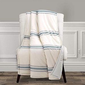 Lush Decor Farmhouse Stripe Throw - Reversible Ticking Pinstripe Design Blanket, 50" x 60", Blue