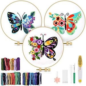 TINDTOP 3 Sets Embroidery Stitch Practice kit, Butterfly Flower Embroidery Kit for Beginners Include Cloth Hoops Threads for Craft Lover Hand Stitch with Embroidery Skill Techniques