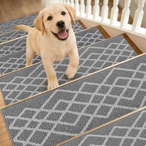 COSY HOMEER Soft Stair Treads 15pcs Non-Slip Carpet Mat 28inX9in Indoor Stair Runners for Wooden Steps,Stair Rugs for Kids and Dogs, 100% Polyester TPE Backing Grey,Rhombus