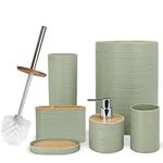 CERBIOR Bathroom Accessories Set 6 Piece Bamboo Bath Ensemble Includes Soap Dispenser, Toothbrush Holder, Toothbrush Cup, Soap Dish for Decorative Countertop and Housewarming Gift, Sriral Green