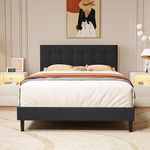 alazyhome Full Size Upholstered Platform Bed Frame with Button Tufted Linen Headboard Wood Slat Support Easy Assembly No Box Spring Needed Black