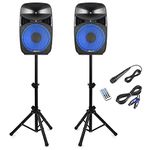 Vonyx VPS122A 12-Inch Active PA Party Speaker System with Stands - Powerful DJ Speakers Pair for Events, Bluetooth Party Speaker With Light, Bluetooth Active Speaker, House Party Speaker