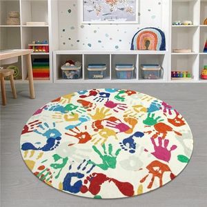 STARUIA Large Round Rug for Classroom, Nursery, Playroom, Kids Bedroom, Toy Room - 6' x 9', Handprint & Footprint Pattern, Vibrant Colors, Non-Slip Rubber Backing, Machine Washable