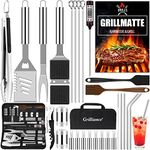 Grilliance 30pcs Stainless Steel Grill Tools Set for Men Gift Birthday, Heavy Duty BBQ Accessories Kit with Bag and Grill Mat, Portable Grilling Utensils for Outdoor Camping Silver