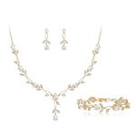 EVER FAITH Wedding Jewelry Set for Bride Bridesmaid, Gold Plated Teardrop Cubic Zirconia Leaf Vine Bridal Prom Necklace Dangle Earrings Bracelet Set for Women