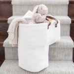 Stair Basket for Carpeted & Wooden Stairs - First Mothers Day Gift Cotton Rope Staircase with Handles - Storage Stair Steps For Laundry, Toys, Nursery Caddy - Cream White 15.75" L x 7.87" W x 15.75 "H