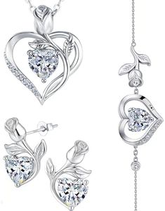 JACUPO Rose Heart Necklace Earrings Bracelet Set Moissanite/Lab-Grown Sapphire/Ruby Options S925 Silver Plated 18K White Gold Engraved I LOVE YOU Ideal for Mother's Day Proposal Gift for Girlfriend Wife (Necklace 1.2CT / Earrings 0.8CT)
