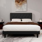 alazyhome Upholstered Platform Queen Size Bed Frame with Adjustable Button Tufting Headboard Wooden Slats Support No Noise Easy Assembly Black Linen