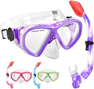 Kids Snorkel Set Dry Top Snorkeling Gear for Kids Youth Boys Girls Junior Age 5-15,Tempered Glass Swimming Diving Mask and Snorkel Set 180 Degree Panoramic View (Purple)