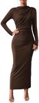 BTFBM Women Bodycon Maxi Dress Long Sleeve Back Slit Ruched Elegant Party Cocktail Formal Fall Wedding Guest Dresses(Dark Coffee, X-Large)