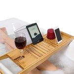 Relux Premium 100% Natural Bamboo Bath Caddy Bridge – Extendable Luxury Book Rest, Wine Glass Holder, Device (Tablet, Kindle, iPad, Smart Phone) Tray for a Home-Spa Experience – Fits Most Bath Sizes