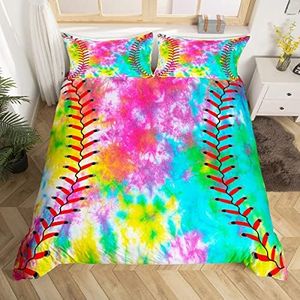 Kids Baseball Comforter Cover Boys Girls Softball Sports Game Bedding Set Girly Colorful Tie Dye Duvet Cover Teens Men Baseball Gaming Bedspread Cover Rainbow Room Decor Full Size 3Pcs (No Comforter)