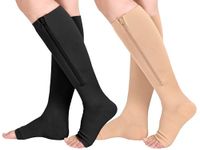 Athbavib 2 Pairs Compression Socks for Women & Men with Zipper 15-20 mmhg, Wide Calf Open Toe Plus Size Compression Socks Men, Knee High Compression Stockings for Flying Nurses Pregnant Women Travel