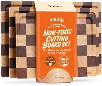 SMIRLY Wood Cutting Boards for Kitchen Wooden Chopping Board Set Reversible with Deep Juice Grooves Grip Handles, Large Charcuterie Tray for Home Kitchen, Rubber Wood, 3Pcs with Holder