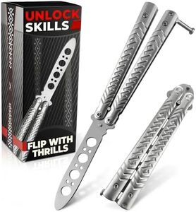 Silver Butterfly Knife Trainer with Safe Dull Blade – 8.2" Stainless Steel Balisong Practice Trainer, Spring Latch & Well-Balanced Design for Smooth Flipping Tricks, All Skill Levels, Gift Ready