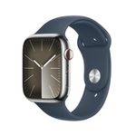 Apple Watch Series 9 [GPS + Cellular 45mm] Smartwatch with Silver Stainless Steel Case with Storm Blue Sport Band. Fitness Tracker, Blood Oxygen & ECG Apps, Water-Resistant - M/L