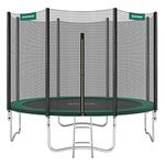 SONGMICS Children's Garden Trampoline Diameter 305 cm with Safety Net, Edge Cover, Ladder, Straight Bars 180 cm High, Steel Frame, TÜV Rhineland GS Certificate, Dark Green STR10GN