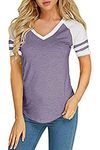 Foshow Womens Baseball Raglan Color Block T-Shirts Summer Short Sleeve V Neck Tees Jersey Casual Blouses Tops, Purple, Small