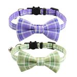 Cat Collar with Bow Tie and Bell, 2 Pack Breakaway Plaid Bowtie Cat Collar for Kitty, Cats, Puppy and Kittens, Green&Purple