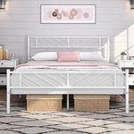 Yaheetech 4ft6 Double Bed Frames Metal Slatted Bed Platform with Arrow Design Headboard, Under-bed Storage, No Box Spring Needed, White