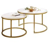 Dime Arts Shoppee Home Décor Furniture Round Side Tea Coffee Table Set of 2 MDF Top Couch Table Stacking Nesting Table with Iron Frame for Bed Room Living Room or Lounge & Office (Golden & White)