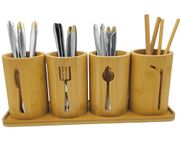 AYAMAX Bamboo Cutlery Holder Set - 4 kitchen Utensils Holder Cutlery Organiser with Bamboo Tray | Decorative kitchen countertop Cutlery Stand | Utensil Organiser Cutlery Racks