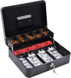 INFUN Cash Box with Money Tray, Durable Large Steel Money Boxes, 5 Compartment Tray, 4 Spring-Loaded, Come with 2 Key, Black